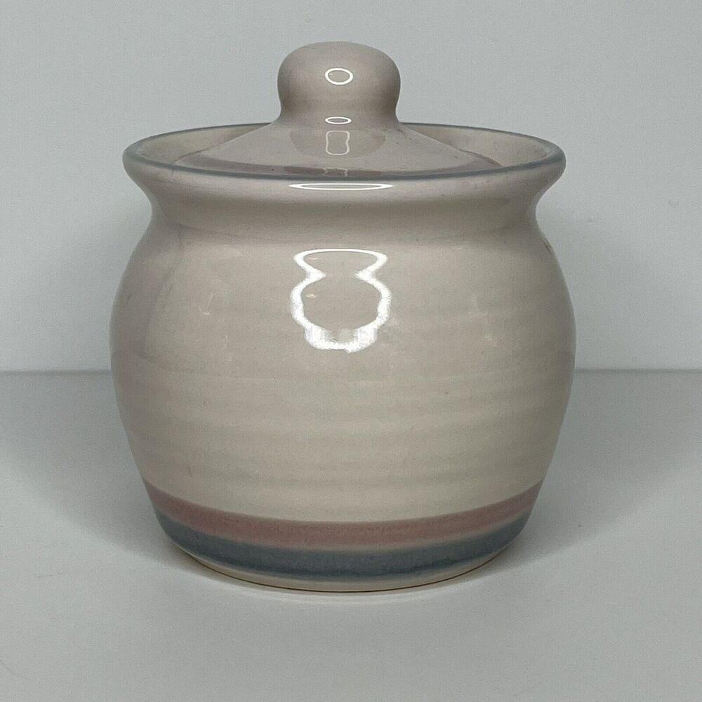 Pfaltzgraff Covered Sugar Bowl Pink Blue Striped‎ Pastel 3.5"